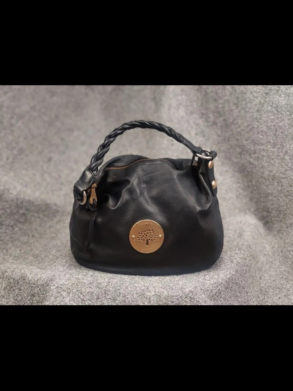 Mulberry Black Leather Braided-Handle Hobo Shoulder Bag with Gold Logo